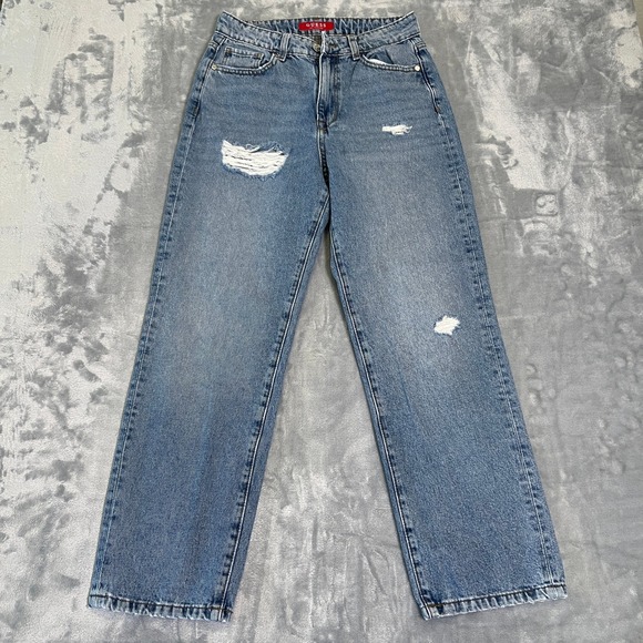 Guess Denim - Y2K Guess Jeans Light Wash Distressed Straight‎ Leg Denim Pants Women's Size 26